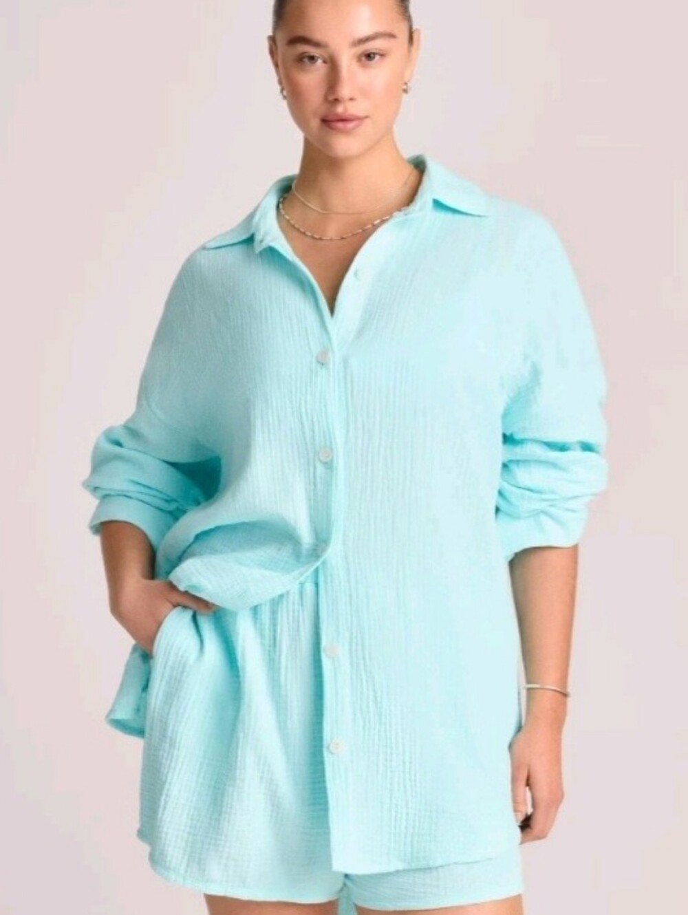 NWT Vitamin A Women's  Light Aqua Gauze Swim Cover Up  Shirt Dress Size Small